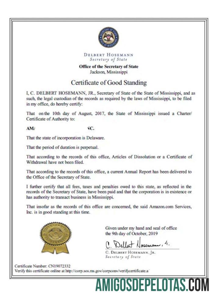 USA Mississippi Certificate Of Good Standing modelo